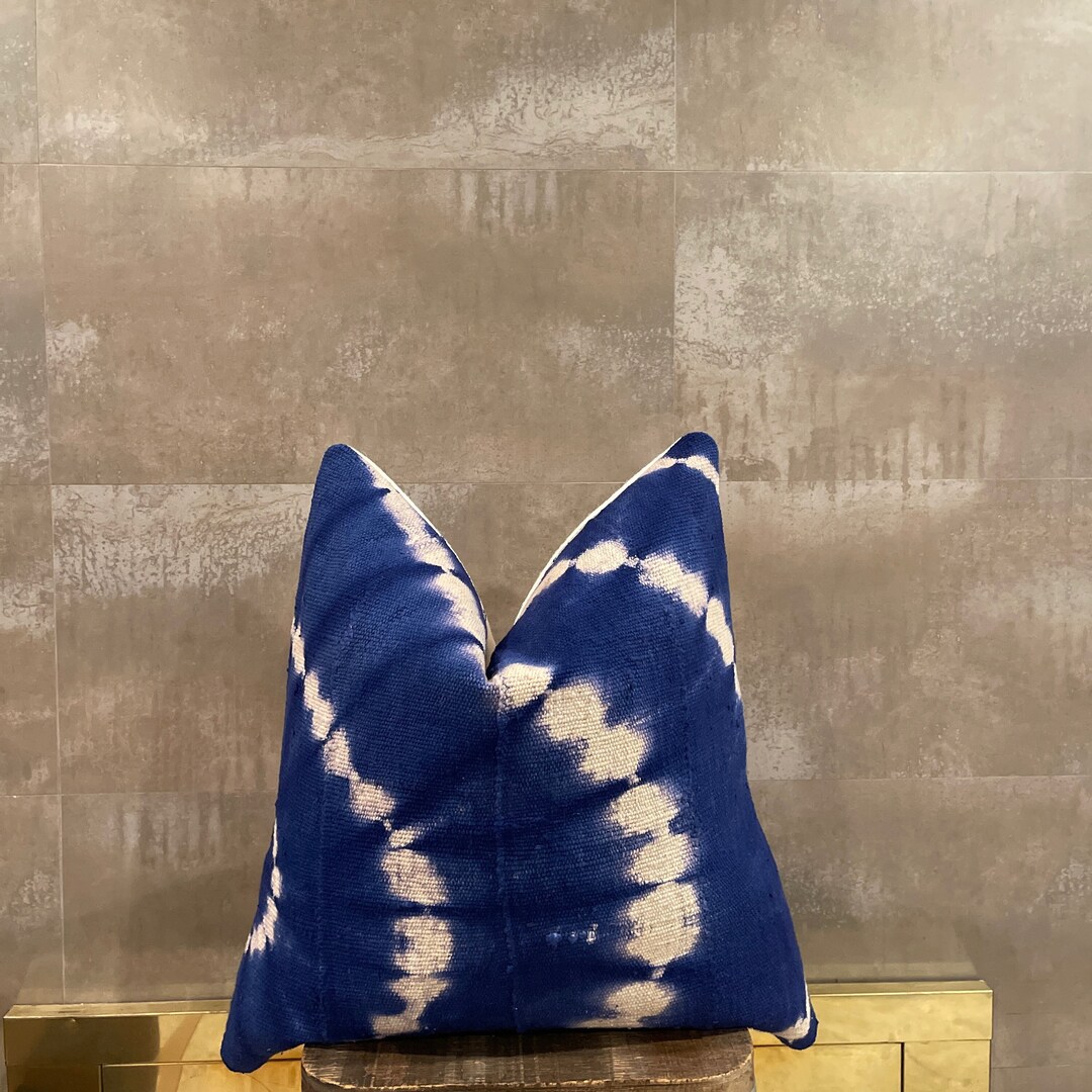 Blue Tie Dye Mud Cloth Pillow Cover Deep Blue and White African Mud