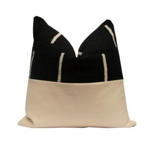 African Mudcloth Pillow Cover with Faux Leather Decorative Accent Cushion Black and Cream Throw Pillow Cover for Modern HomeDecor