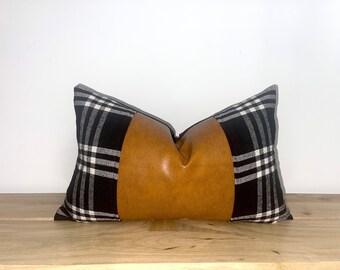Plaid Pillowcase  Farmhouse Pillow Cover  Modern Farmhouse Throw Pillow  Faux Leather Accent Pillow  THE LOREN II