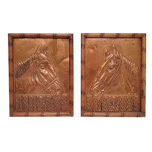 Vtg Pair Embossed 3D Copper Relief Horse Wall Art Bamboo Style Wood Frames 9&quot;X7&quot;