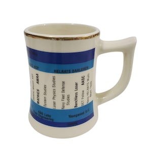 May include: A white ceramic mug with a gold rim and a curved handle. The mug features blue stripes and text including "HELRATS DAHLGREN" and various study titles. The mug is designed for beverages.