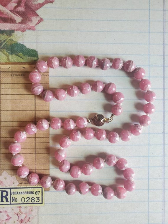 Rhodochrosite Beaded Neclace With 14K Gold Hand Kn