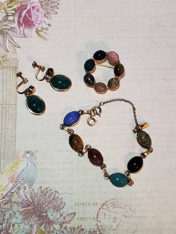 Gemstone Carved Scarab Bracelet Brooch And Earring