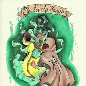 Puede incluir: Una ilustración verde y amarilla de dos figuras abrazándose. La figura en primer plano lleva una capa marrón con un símbolo de estrella. La figura en el fondo lleva una túnica amarilla y tiene el pelo verde. El texto "My lovely Reader..." está escrito en un rollo sobre las figuras.