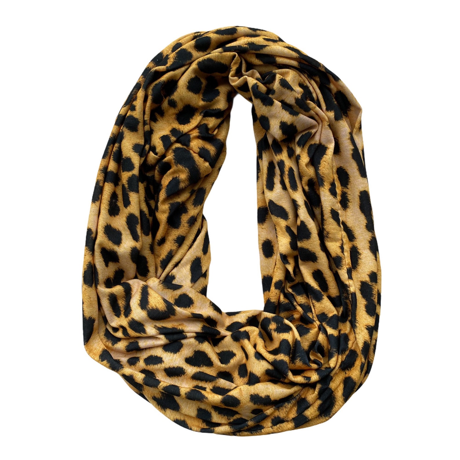 Leopard Print Golden Infinity Scarf Stretch Knit, Animal Print Wrap