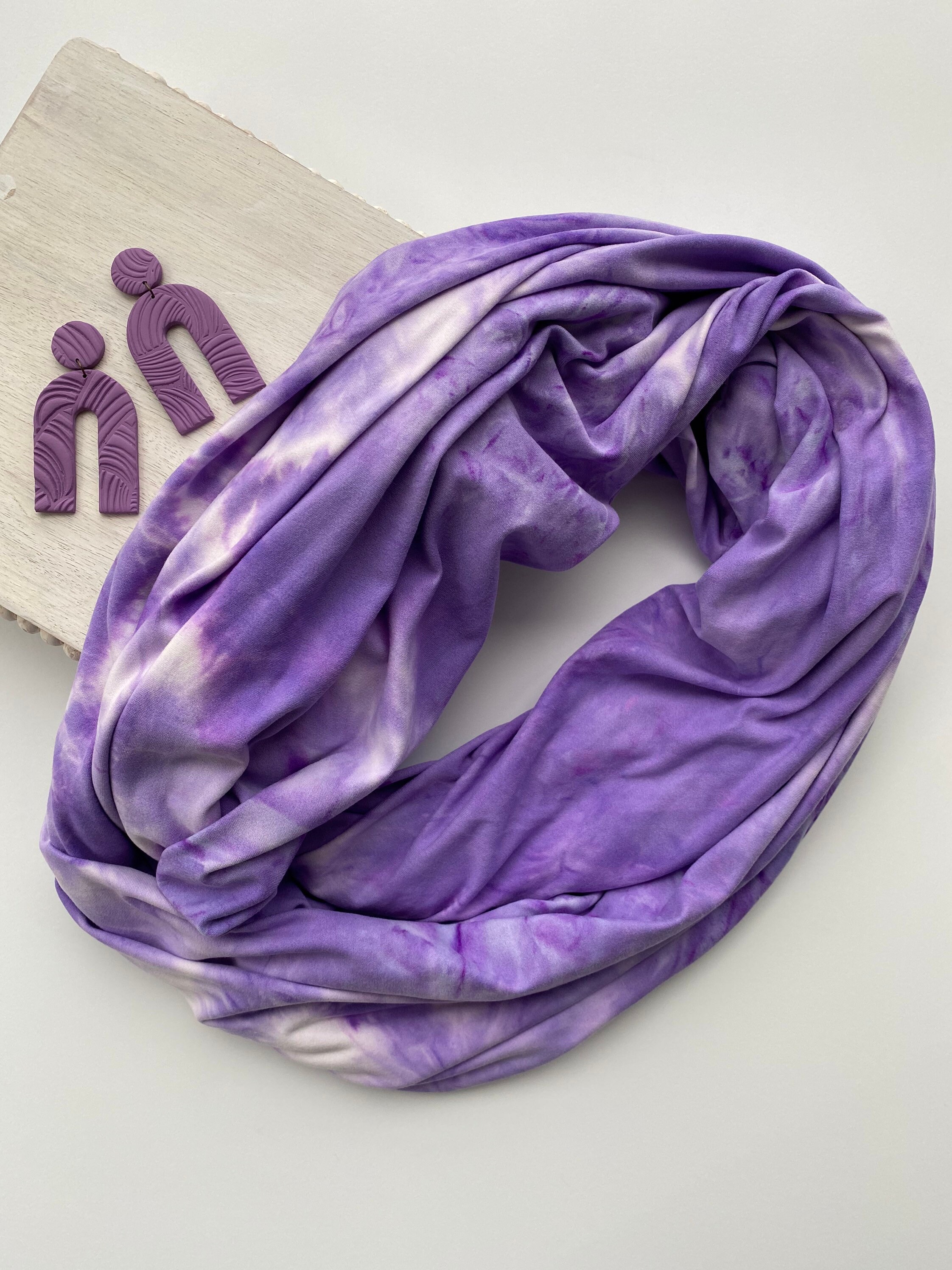 Purple Tie Dye Infinity Scarf Stretch Knit, Soft Jersey Knit Wrap Scarf