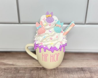 Small Fake Pastel Bunny Trio "Hip Hop" Mug w/Attached Faux Whipped Cream Topper | Easter Tiered Tray Decor | Easter Mug | Spring Tiered Tray