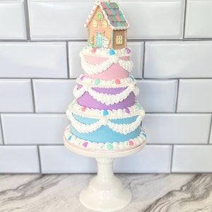 Pastel Gingerbread & Gumdrops 4-Tier Fake Cake | Fake Christmas Cake | Faux Cake | Prop Cake | Artificial Cake | Fake Gingerbread House Cake
