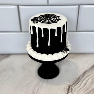 Classic Black & White Spider Web Halloween Fake Cake w/Optional Spiders – Black White Monochrome Halloween Tiered Tray | Fake Halloween Cake