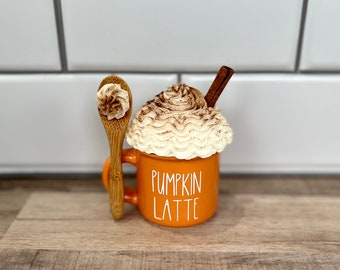 Pumpkin Spice Decor: Small Orange Mug with Attached Faux Whipped Cream & Spoon