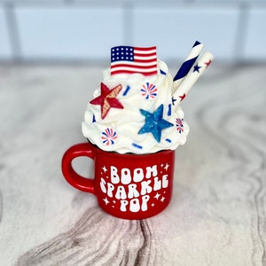 Small “Boom Sparkle Pop” Mug with Attached Faux Whipped Cream Topper | American Flag Patriotic Mug for Tiered Tray | Fourth of July Mug