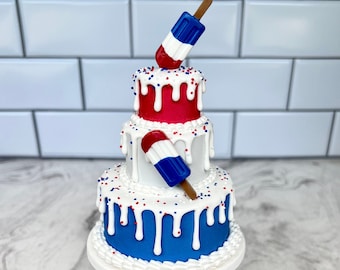 Small Patriotic Fake Cake: Red, White & Blue Tiered Tray Decor