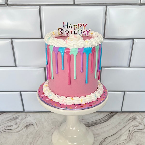 Fake Drip Birthday Cake | Faux Drip Cake | Fake Birthday Cake | Prop Cake | Fake "Happy Birthday" Cake | Photography Prop Pink Birthday Cake