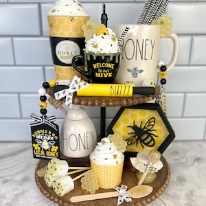 Honeybee Tiered Tray Bundle | Bee Tiered Tray Décor | Honeybee Decor | Fake Honey | Bee Decor | Bee Tiered Tray | Honey Decor | Summer Decor
