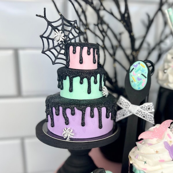 Small Fake Glitter Drip 3 Tiered Cake for Pastel Halloween Tiered Tray | Fake Drip Tiered Cake | Faux Cake | Photo Prop Fake Halloween Cake