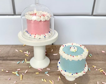 May include: Two miniature cakes on white cake stands. One cake is pink with white frosting and sprinkles, under a clear dome. The other cake is blue with white frosting and sprinkles.