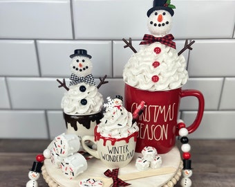Snowman Tiered Tray Decor Bundle | Mug Toppers, Marshmallows & Beaded Garland