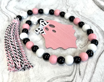 Pink Ghost Halloween Beaded Garland | Pinkoween Tiered Tray Decor