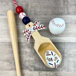 Baseball 3 Bead Length Garland with Mini Scoop for Canisters or Gumball Machines | Garland with Canister Scoop | Patriotic or Baseball Decor