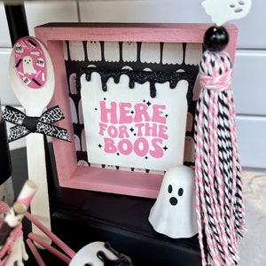 Pink Halloween &quot;Here for the Boos&quot; Sign | Pink Halloween Tier Tray Décor | Halloween Tier Tray Sign | Pink Halloween sign | Retro Halloween