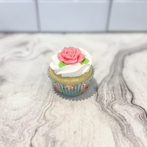 Faux Rose Cupcake | Shabby Chic Decor, Fake Tea Party Dessert Blue Floral Liner