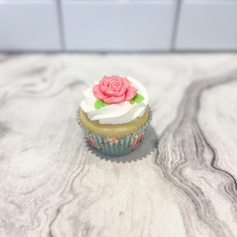 Faux Rose Cupcake | Shabby Chic Decor, Fake Tea Party Dessert Blue Floral Liner