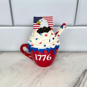 Small Patriotic &quot;1776&quot; Mug with Attached Faux Whipped Cream Topper | Mini Americana Patriotic Mug for Tiered Tray | Fourth of July Mini Mug