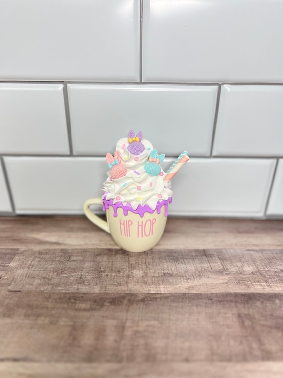 Small Fake Pastel Bunny Trio "Hip Hop" Mug w/Attached Faux Whipped Cream Topper | Easter Tiered Tray Decor | Easter Mug | Spring Tiered Tray