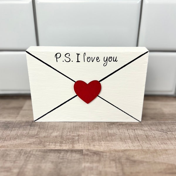 P.S. I Love You Envelope Wooden Sign | Love Letter Tiered Tray Décor | Valentine's Day Tiered Tray Sign | Love Letters Sign | Vday Love Sign