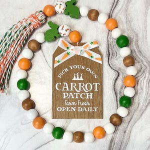 May include: A wooden sign with the text "Pick Your Own Carrot Patch Farm Fresh Open Daily" surrounded by a garland of white, orange, green, and brown beads with carrot and bunny charms.