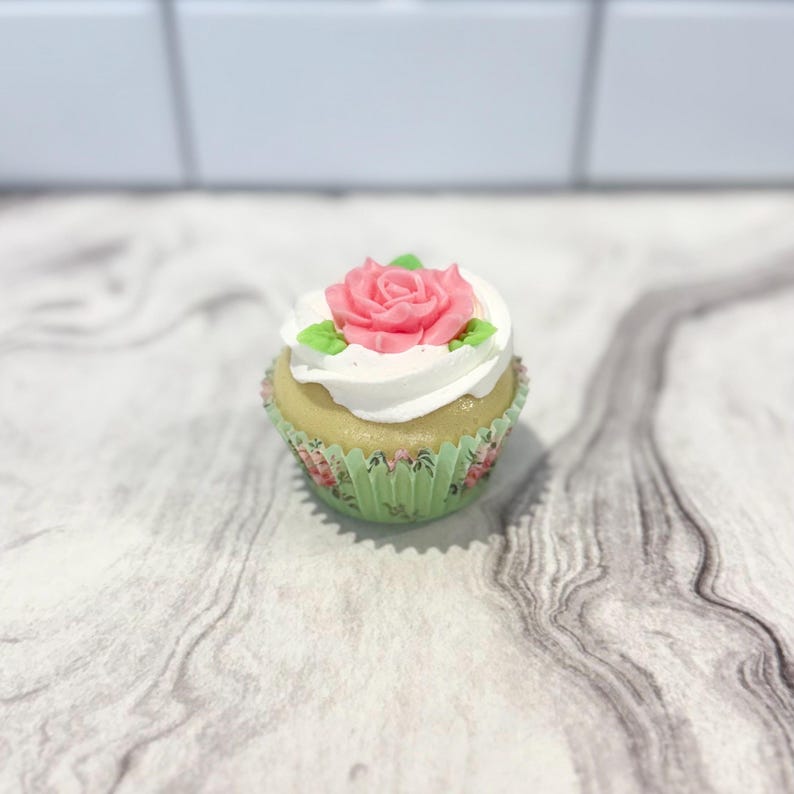 Faux Rose Cupcake | Shabby Chic Decor, Fake Tea Party Dessert Green Floral Liner