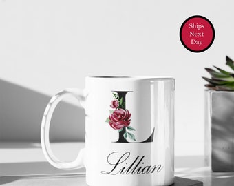 Personalized Mug with Floral Inital and Name, Letters A-Z | Coffee Mug for Bridesmaid Gift, Teachers Gift, Girls Trip Gift, Favors & More