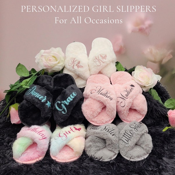 Personalized Girls Slippers for Kids Ages 3 to 10 Years - Non-Skid Soles - Flower Girl Slippers - Slippers for Birthday Parties & More