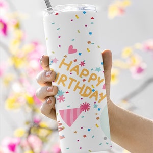 15oz Birthday Girl Tumbler, Happy Birthday Tumbler w Confetti and Balloons for Birthday Party & Birthday Crew, Birthday Cups, Birthday Favor