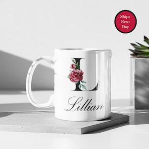 Personalized Mug with Floral Inital and Name, Letters A-Z | Coffee Mug for Bridesmaid Gift, Teachers Gift, Girls Trip Gift, Favors & More