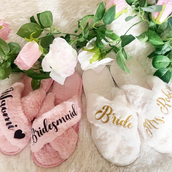 Cute Fluffy Slippers for Women - Sizes XS to XL (US 4-12) - Personalized Bridesmaid Slippers - Custom Gift for Her