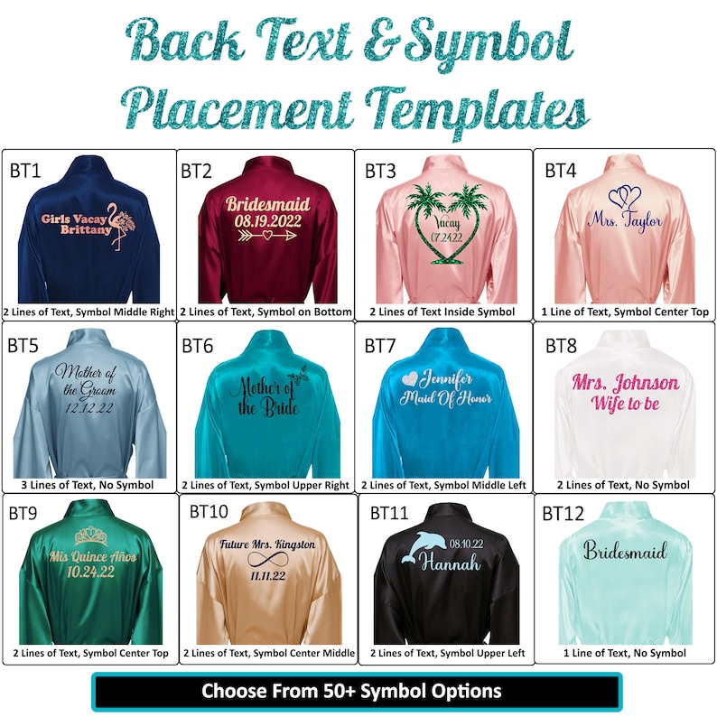 Personalize Robe for Womens and Womens Plus, Solid Satin Robes, Back Template Options. Add up to three lines of text on back of robe.  Custom Robes for Women. Great robes for honeymoon, vacation, birthdays, anniversary and more.