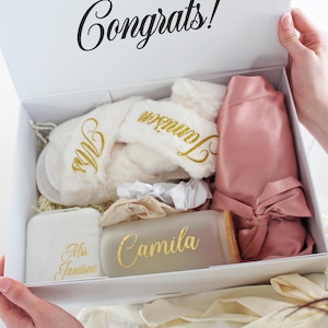 Bride-to-Be Engagement Gift Box: Personalized Robe, Slippers, Jewelry Box & Tumbler for the Future Mrs