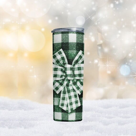 Green Plaid Bow Tumbler,  Gift Tumbler, Holiday Tumbler, Christmas Tumbler, 20oz Skinny Tumblers