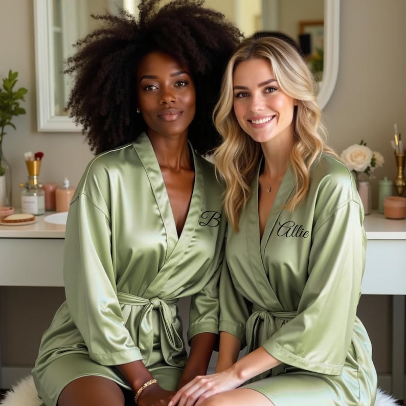 Beautiful personalized bridesmaid robes for Women and Womens Plus Sizes.  These satin personalize robes are great as bridesmaid gifts, proposal gift boxes and to use on milestone birthdays.  Make these custom robes as unique as you are.