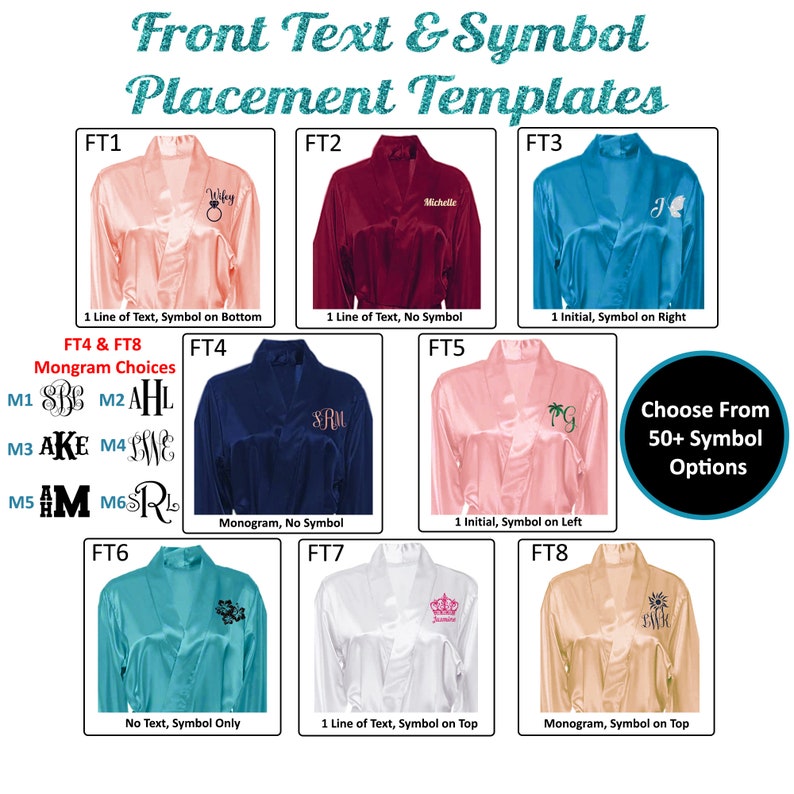 Personalize Robe for Womens and Womens Plus, Solid Satin Robes, Front Template Options.  Robes with Monogram. Robe with Crown. Robe with Flower Design.