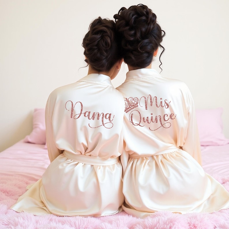 Gorgeous cream beige quinceanera robes for getting ready. Dama quinceanera robe for quince squad.