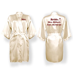 Personalize Robe for Womens and Womens Plus, Solid Satin Robes, Beige robe with Wine/Burgundy Robe. Robe with Crown. Robe with Ring Design.  Wedding Robe for Bride and Bridal Party.