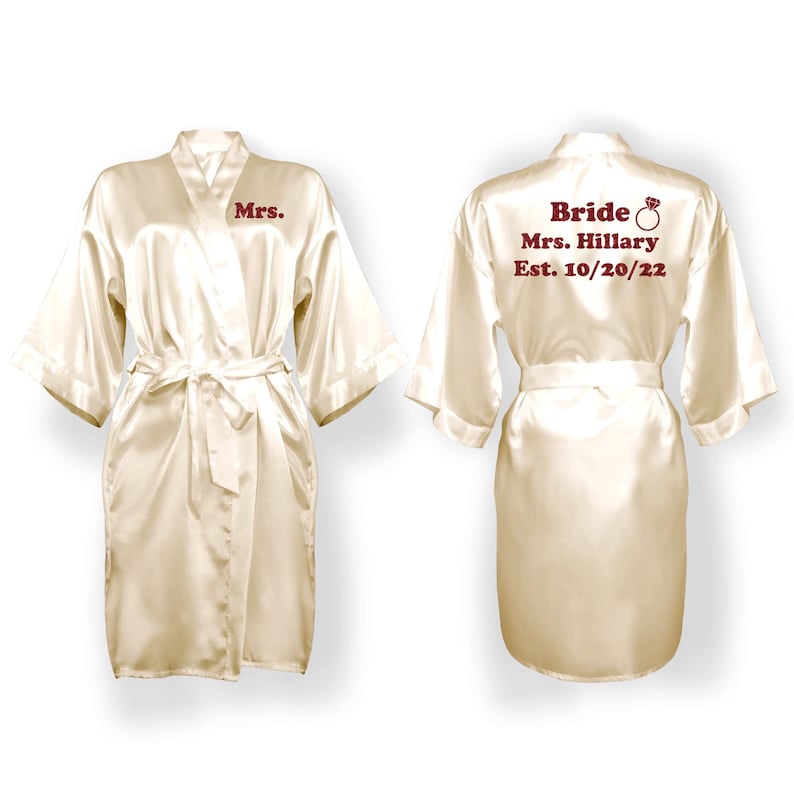 Personalize Robe for Womens and Womens Plus, Solid Satin Robes, Beige robe with Wine/Burgundy Robe. Robe with Crown. Robe with Ring Design.  Wedding Robe for Bride and Bridal Party.