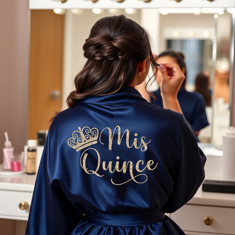 Navy blue mis quince anos robes. Personalized quinceanera robes for the birthday girl. Pretty quinceanera gifts.
