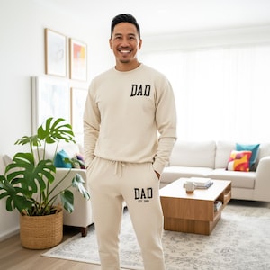 Personalized Dad Apparel Loungewear Set: Custom EST Dad Sweatshirt & Joggers - Clothing Gift for Dad - Pocket Design Ivory