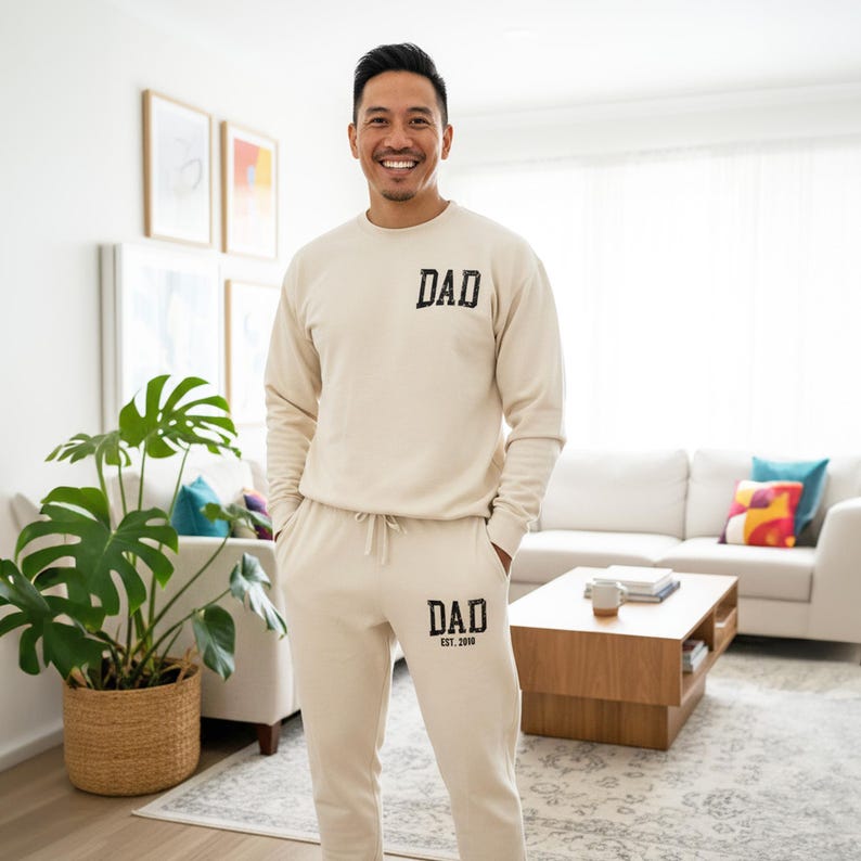 Personalized Dad Apparel Loungewear Set: Custom EST Dad Sweatshirt & Joggers - Clothing Gift for Dad - Pocket Design Ivory