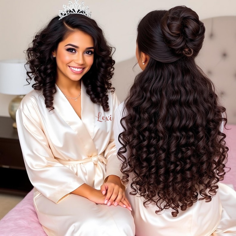 May include: A woman in a white satin robe with the name "Lexi" embroidered on the front, wearing a tiara and has long, curly brown hair. She is sitting on a bed with a pink bedspread.  Another woman with long, curly brown hair is standing behind her, with her hair styled in a bun.