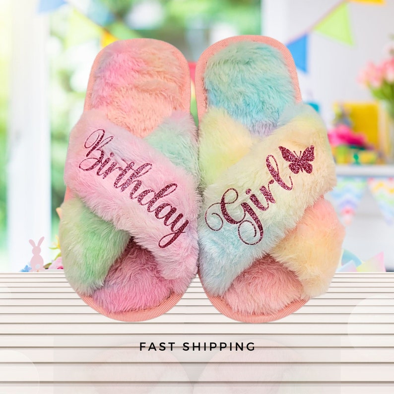 Kids personalized slippers for birthdays, spa days, wedding flower girl, Christmas holiday and more.  Customized slippers with name, symbols and title.