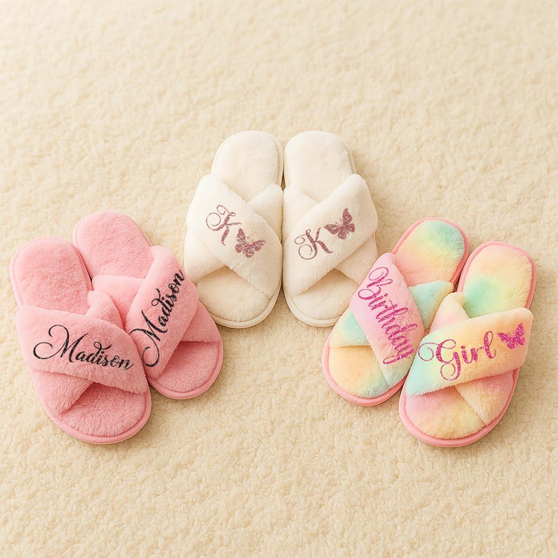 A showcase of different fluffy slippers personalized with text and symbols. The examples show are pink slippers with the name Madison, ivory slippers customized with the letter K and a butterfly and birthday girl slippers.